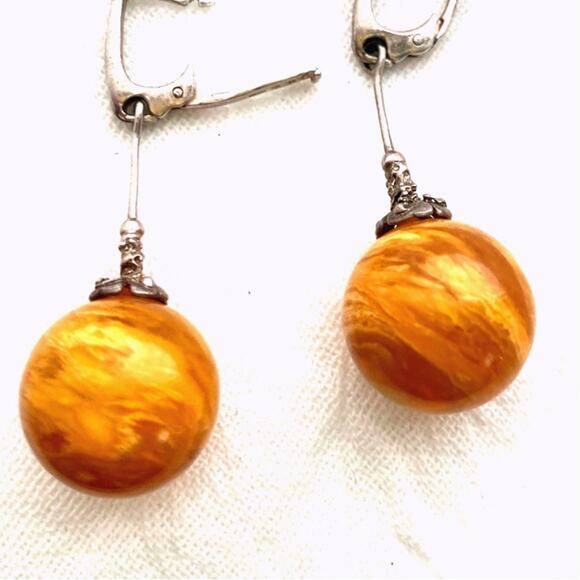 Vintage Baltic Amber Drop Earrings Honey amber Orb dangle sterling silver - Picture 9 of 9